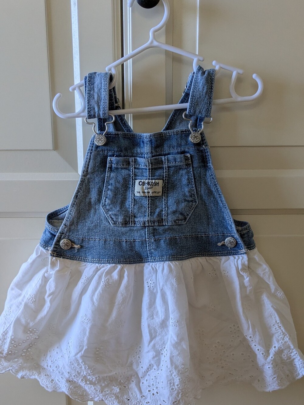 OshKosh B'gosh Blue Denim Overall Dress with White Eyelet Skirt